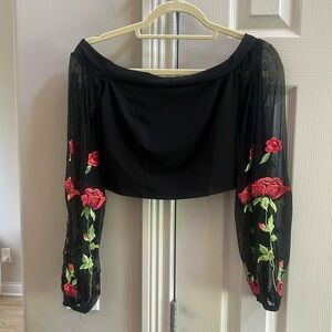 Black sheer sleeve crop top